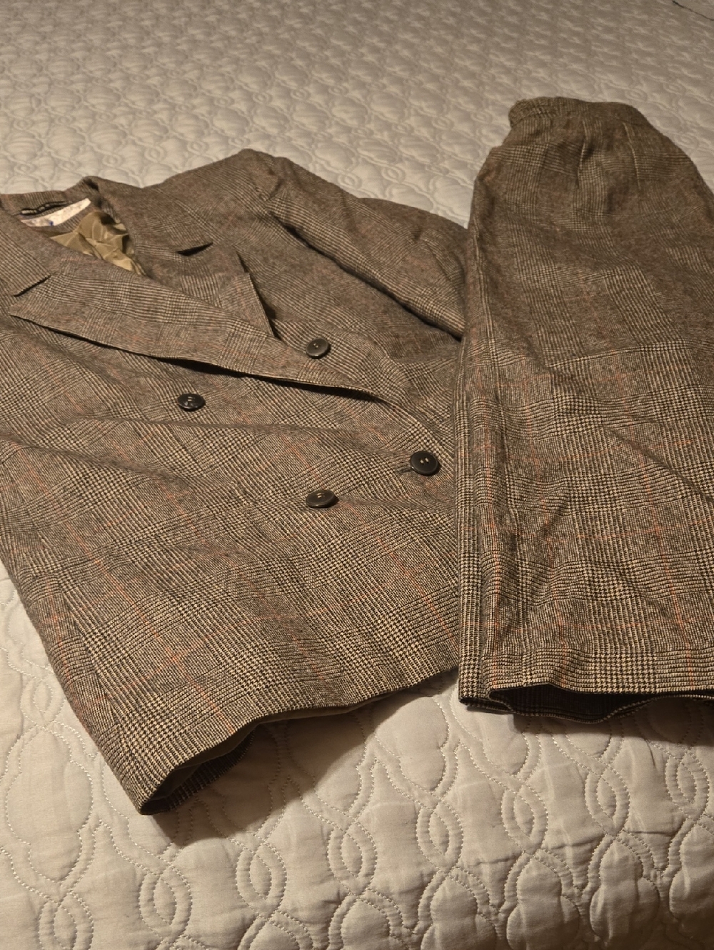 Gloria Vanderbilt 2 Pc 100% Wool Plaid Set Double Breasted Jacket W/ Midi Skirt